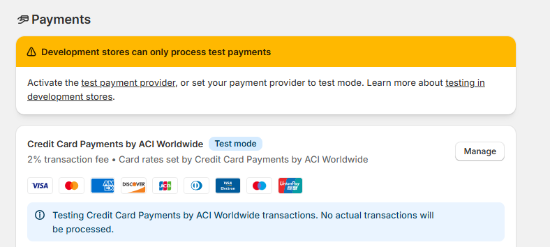 Shopify Embedded Cards: Shopify Payments settings – app in test mode